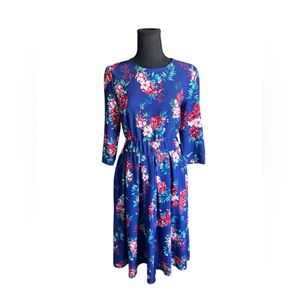 Navy Floral Ruched Midi Dress | Size M | Garden Party Wedding Guest Fit & Flare